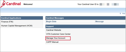 Screenshot of Cardinal Portal page highlighting the Manage Your Account link located under the Support box on the right hand side of the page.